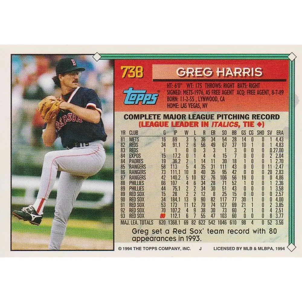 1994 Topps Greg Harris # 738 Boston Red Sox